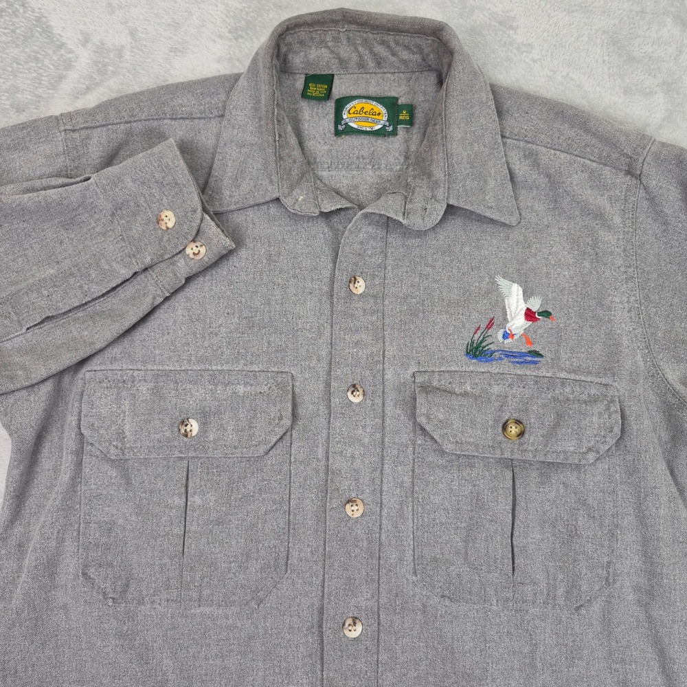 Cabelas M Men Gray Cotton Flannel Shirt Mallard Duck Embroidery USA Made Hunting